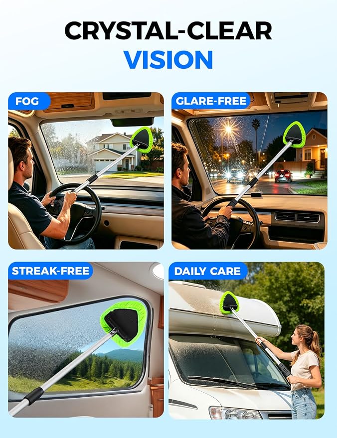 XINDELL Interior Windshield Cleaner Tool – Car Interior Window Cleaning Kit with 29inch Extended Long Handle & 4 Microfiber Pads, Auto Wiper Windshield Brush for Car, Trucks, SUVs, RVs & Home