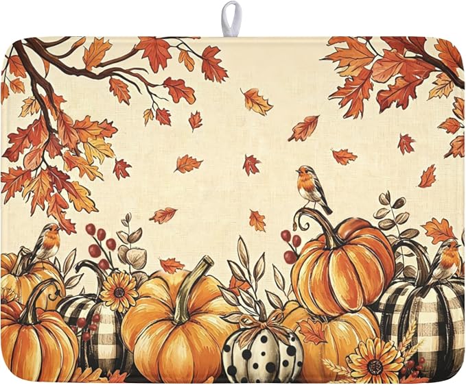 Fall Orange Pumpkin Dish Drying Mat for Kitchen Counter 18 x 24 Inch Autumn Maple Leaf Dish Drainer Mat Absorbent Microfiber Thanksgiving Harvest Dish Rack Pad for Coffee Dining Bar Decor