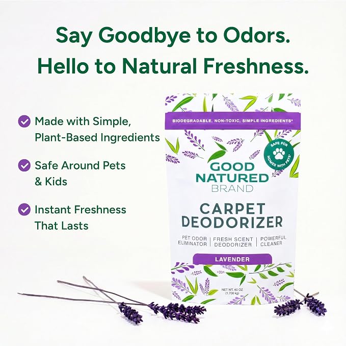 Good Natured Brand | Carpet Deodorizer & Freshener Powder | 60 oz Pet Odor Eliminator for Strong Odor & Pet Urine | Fresh Natural Lavender | Safe for Homes with Pets