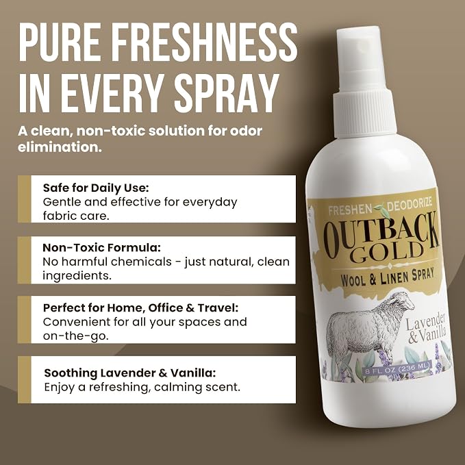 Outback Gold Linen Spray, Lavender & Vanilla, Fabric Freshener, 8 fl oz | Essential-oil linen and fabric freshener for wool, bedding, and home textiles. Eco-friendly, made in USA.