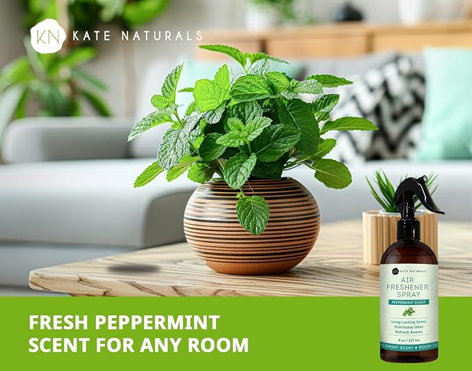 Kate Naturals Peppermint Air Freshener Spray for Room & Car with Natural Mint. Odor Eliminator Peppermint Spray for Bathroom & Linen (8 fl oz, Pet Safe, Non Toxic) | Pet Safe, Non Toxic, Natural Mint Odor Eliminator Peppermint Spray for Bathroom & Linen