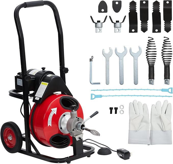Auto Feed 100 FT x 3/8 in Drain Cleaner Machine with 370W Motor, Portable Sewer & Plumbing Snake Auger with 8 Cutters and Air-Activated Foot Switch, Electric Drain Snake for 1"–4" Pipes