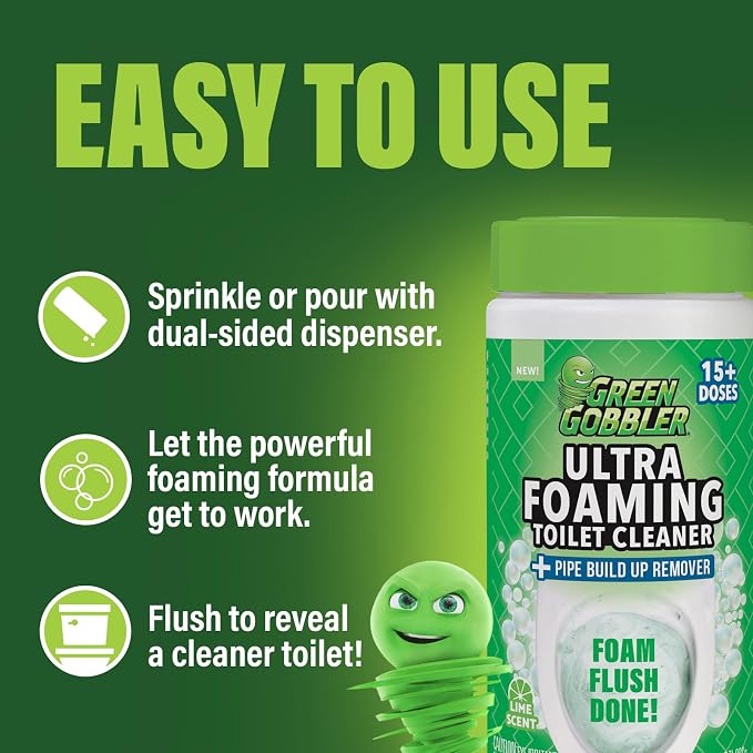 Green Gobbler Ultra Foaming Toilet Cleaner – 15+ Doses, Self-Activated Foam, Removes Tough Stains & Pipe Buildup, Helps Prevent Clogs