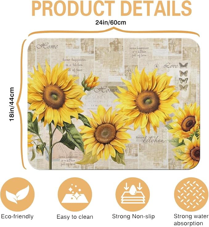 Sunflower Kitchen Countertop Dish Drying Mat,Super Absorbent Coffee Bar Mat for Maker Espresso Machine, Anti-Slip Accessories for Kitchen Countertops 24x18 Inch