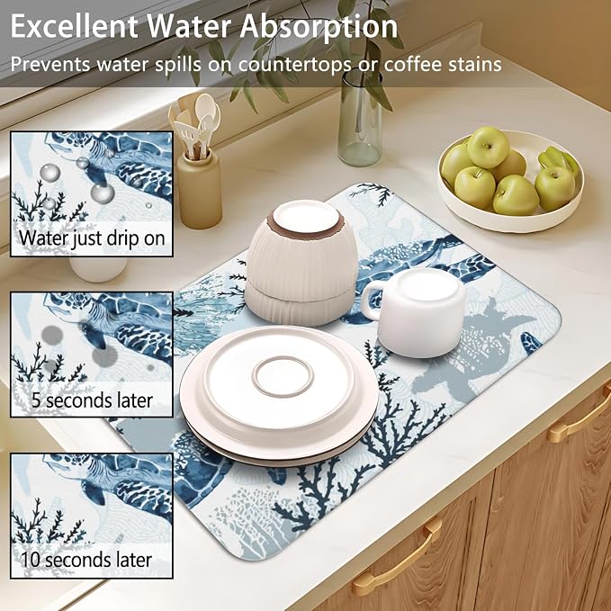 Dish Drying Mat 2-Pack in Sea Turtle Ocean for Kitchen Counter Dishes Mat | Diatom Mud Mats (18x24, 19.5x12"). Non-slip rubber back for kitchen counter, coffee bar & sink scenes