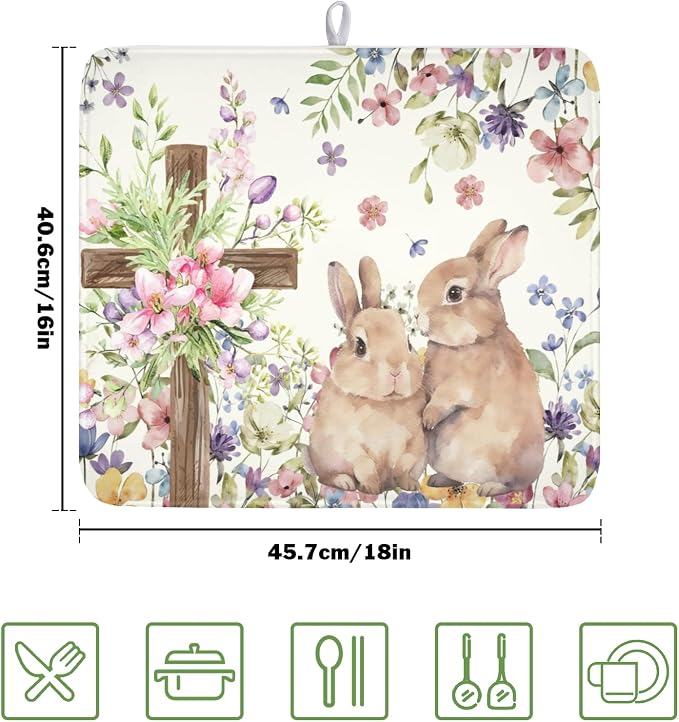 Easter Bunny Dish Drying Mat 16 x 18 Inch Rabbit Dish Drainer Rack Mat Colorful Floral Mat Absorbent Microfiber for Holiday Kitchen Coffee Dining Bar Decor