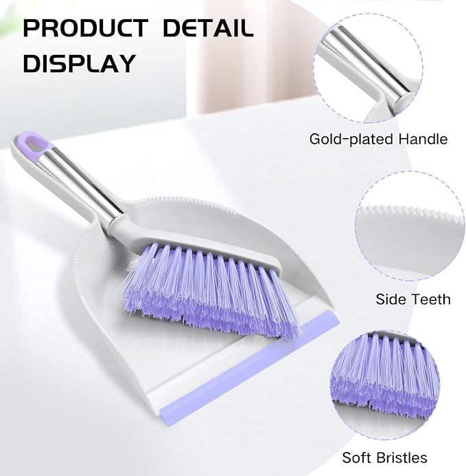 NACENA Mini Broom and Dustpan Set,Small Dust Pan and Brush Set,Light&Purple | Dust Pan and Brush Set with Handle Dustpan Teeth for Cleaning Hair Suitable for Office Desks Drawers Sofas Outdoor Camping