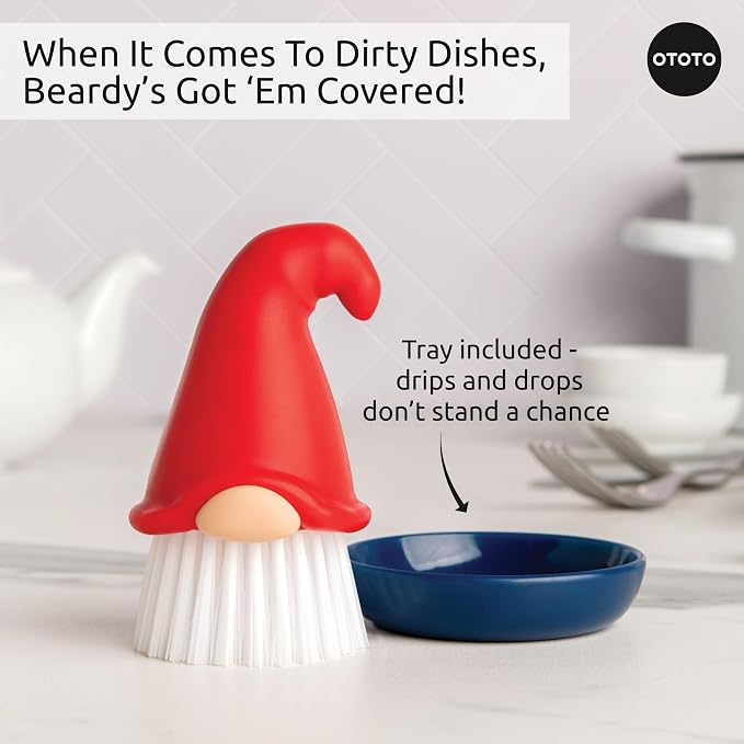 OTOTO Gnome Dish Brush with Handle - Cleaning Brush, Vegetable Brush, Dish Scrub, Gnome Handle, Unique Kitchen Gadgets, Funny Kitchen Tools, Useful Gifts for Women (Beardy Red)