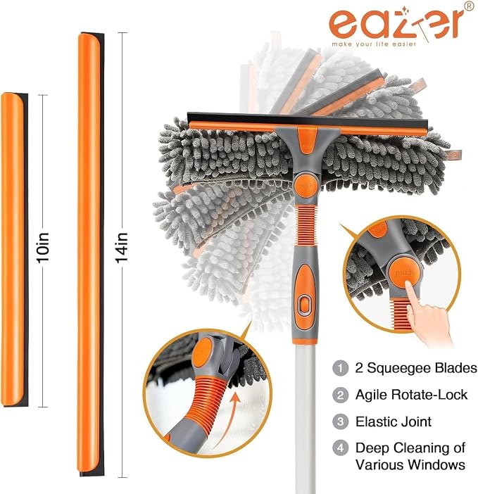 Eazer 2-in-1 Window Cleaner Tool, 64'' Window Squeegee for Home, Window Cleaning Squeegee Kit with Telescopic Pole, Window Washing Kit with Rotatable Bendable Head(Threaded + Telescopic) - EAW01