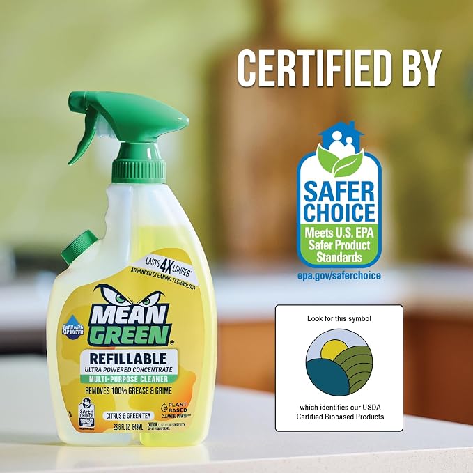 Mean Green Refillable Ultra Powered Multi-Purpose Cleaner Concentrate, Citrus & Green Tea, 14.3 fl oz – Plant & Mineral Based, Cuts Through Grease & Grime, Refillable Bottle Makes 4X Refills