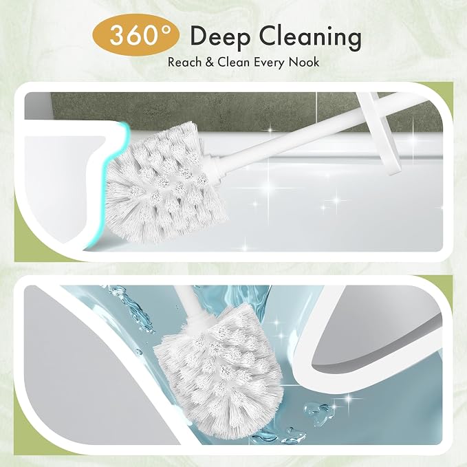 Toilet Bowl Brush and Holder Set 2 Pack with 4 Extra Brush Heads | Extra Long Handle with Splash Guard Cover, Tool-Free Installation, Bathroom Space-Saving, Cleaner Sets for Apartments, RV (White)
