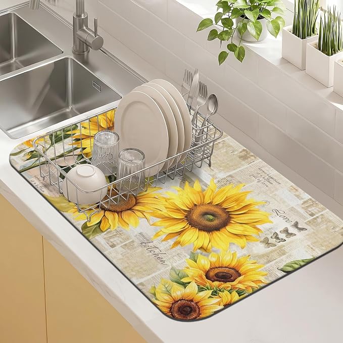 Sunflower Kitchen Countertop Dish Drying Mat,Super Absorbent Coffee Bar Mat for Maker Espresso Machine, Anti-Slip Accessories for Kitchen Countertops 19x12 Inch