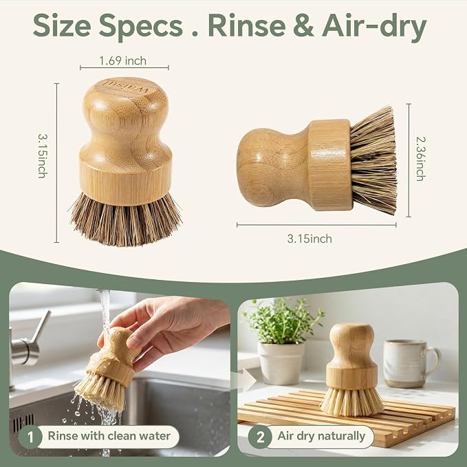 Bamboo Dish Brush Set, 4 Pack, Plastic-Free (2 Medium Sisal, 2 Firm Coconut Coir), Dish Scrubber & Vegetable Brush for Cast Iron, Nonstick