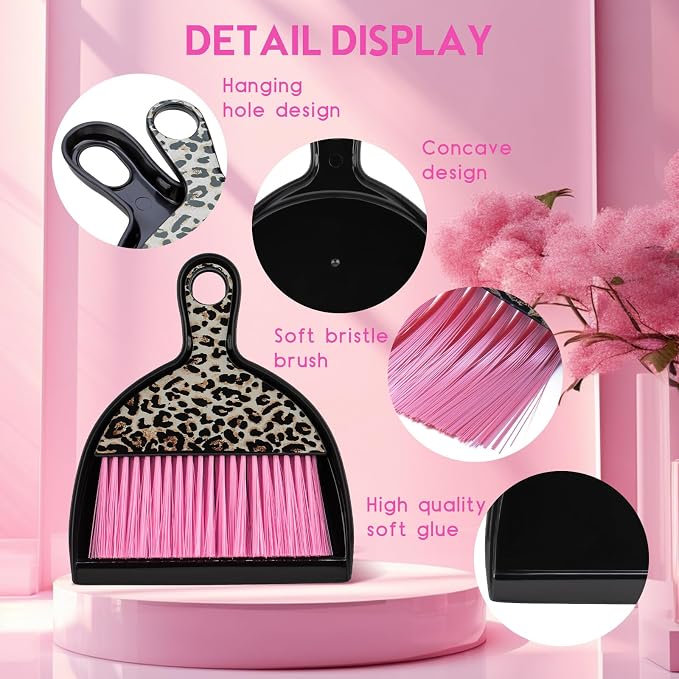 THINKLEARN 2PCS Small Dust Pan and Brush Set, Mini Broom Dustpan Kit | Portable Brush Dustpan Combo Set, Pink Leopard Print Design, Compact Cleaning Supplies