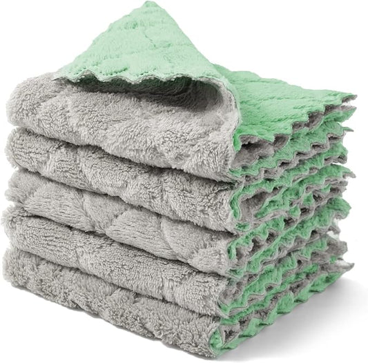 kimteny Cleaning Cloths Kitchen Towels Microfiber Washcloths Lint Free Dish Cloth Reusable Dishtowels Household Super Absorbent Fast Drying, 10"x10", Pack of 5 (Green-Grey)