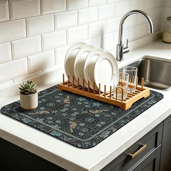 Dish Drying Mat for Kitchen Counter 17x32 Inch, Boho Quick Dry Coffee Mat | Made of super absorbent diatomite that quick dries dishes, coffee machine & sink area. Non-slip rubber base for countertop