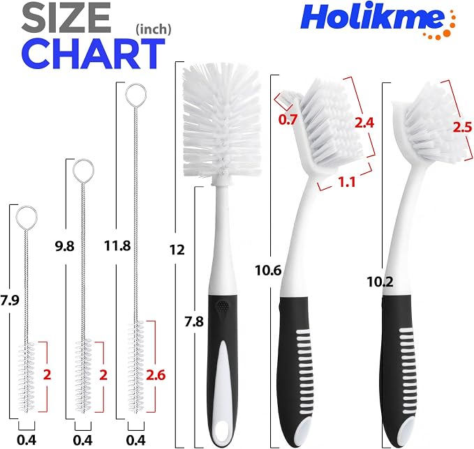 Holikme 6 Pack Dish Brush Set with Bottle Brush, Dish Scrub Brush, Pan Brush and 3 Straw Brushes, Deep Cleaning Handle Brush with Scraper Tip for Kitchen Sink Dishes Bottle Cup Pot and Pans (Black)
