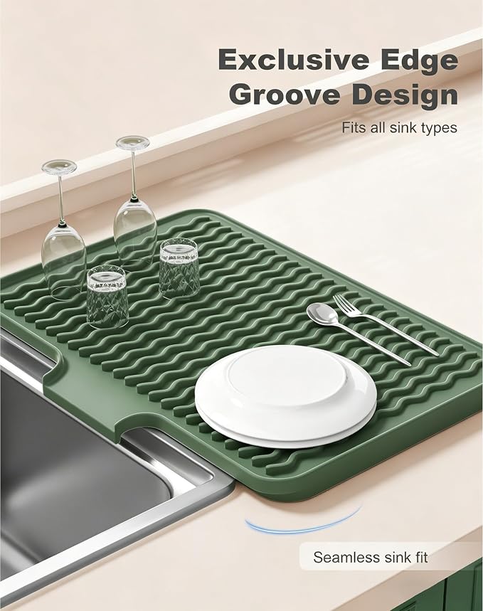Rnivvi Silicone Dish Drying Mat for Kitchen Counter, 16 x 12" Dish Rack Mat with Drainage Spout, Non-Slip Countertop Protector Heat Resistant Trivet, Drainer Organizer for Home Kitchen Sink , Green