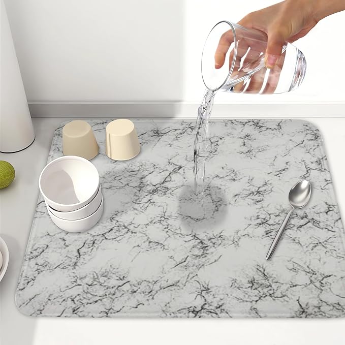 White Grey Marble Dish Drying Mat for Kitchen Counter Modern Marble Pattern Microfiber Dish Drainer Mat Absorbent Washable Drying Pad 16"x18"