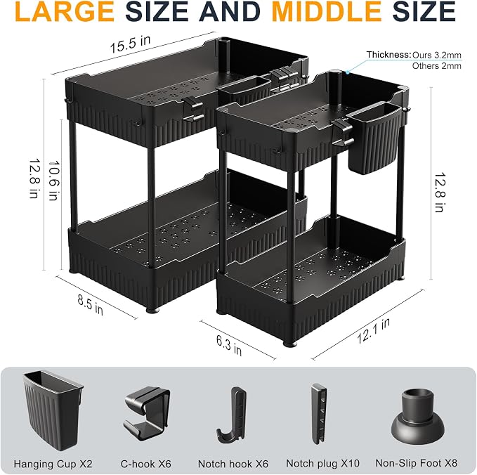 Sevenblue 2 Pack Under Sink Organizer, Under Bathroom Cabinet Organizer with Hooks Hanging Cup, Multi-Purpose Storage Shelf for Kitchen Bathroom, Black