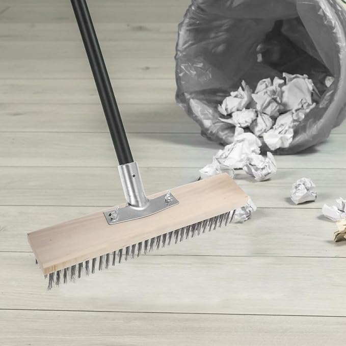Heavy Duty Outdoor Scrub Brush with Stainless Steel Wire Bristles, 30cm Floor Scrubber Brush with Long Wooden Handle for Moss Removal and Hard Surface Cleaning on Patio, Garage,
