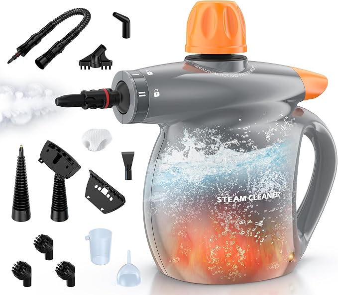 Pressurized Handheld Steam Cleaner, 13Pcs Portable Deep Cleaning Steamer | Natural Deep Cleaning, Multi-Purpose for Home, Grout, Kitchen, Car, Window, Upholstery, Bathroom and Clothes