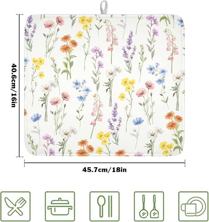 Spring Summer Colorful Floral Dish Drying Mat 16x18 Inch | Wildflower，Polyester，Absorbent Microfiber，for Kitchen Coffee Dining Bar Decor