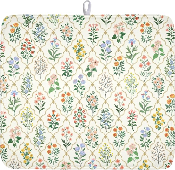 Floral Dish Drying Mat for Kitchen Counter Spring Summer Wild Flowers Diamond Pattern Microfiber Dish Drainer Mat Rustic Absorbent Washable Drying Pad 16"x18"