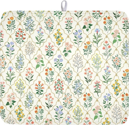 Floral Dish Drying Mat for Kitchen Counter Spring Summer Wild Flowers Diamond Pattern Microfiber Dish Drainer Mat Rustic Absorbent Washable Drying Pad 16"x18"