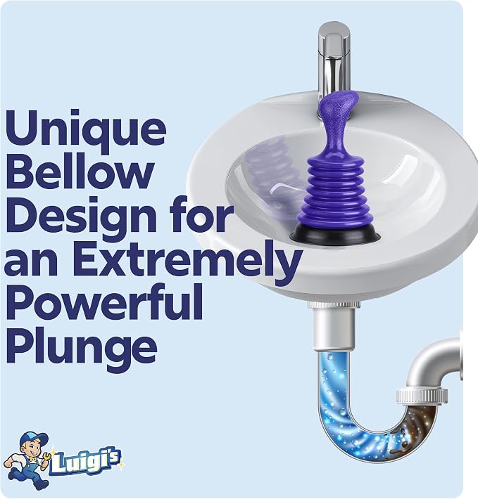 Luigi's Sink Plunger Kitchen - Sink Plunger Bathroom - Drain Bathtub or Shower - Small and Powerful Clog Remover - Commercial Style Plumbers Plungers with Large Bellows - Blue - Mini