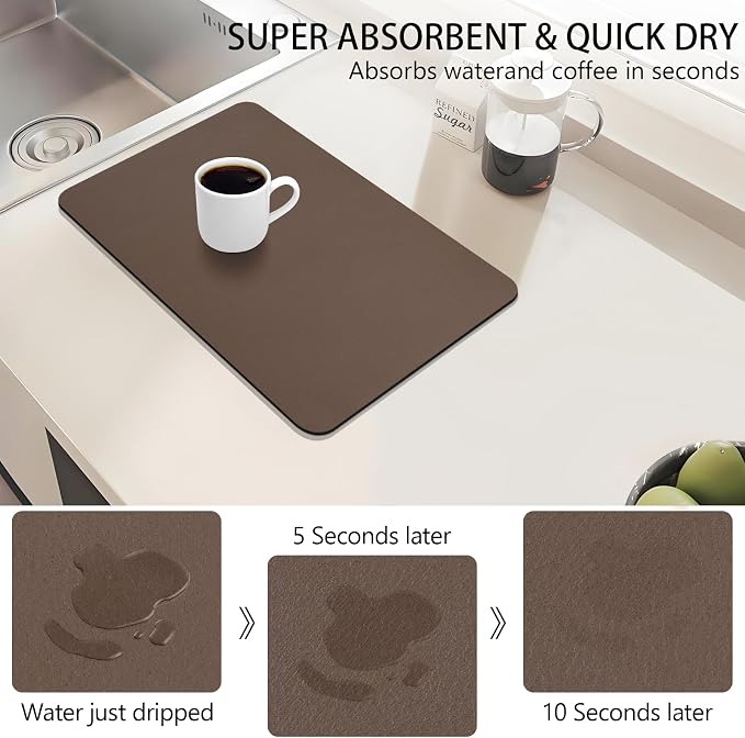 Dish Drying Mat, 12" x 19" Dish Drying Rack Pad with Rubber Backed, Absorbent Coffee Bar Mat for Kitchen Countertop, Easy to Clean Espresso Mats, Fit Under Coffee Machine, Brown