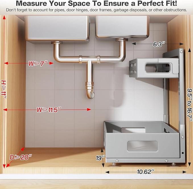 2 Pack 19IN-Depth Under Sink Organizer,Pull Out Cabinet Organizer With Smooth Cylindrical Rail,Metal Slide Out Drawer for Kitchen Bathroom Laundry,8-Level Tool Free Height Adjustable-Gun Gray