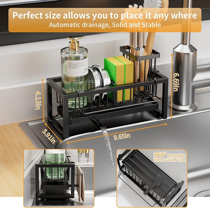 Sponge Holder for Kitchen Sink, 304 Stainless Steel Sink Caddy with Tall Brush Holder & Self-Draining Tray, 3-Compartment Countertop Organizer for Dish Soap Dispenser, Sponge, Scrubber, Black