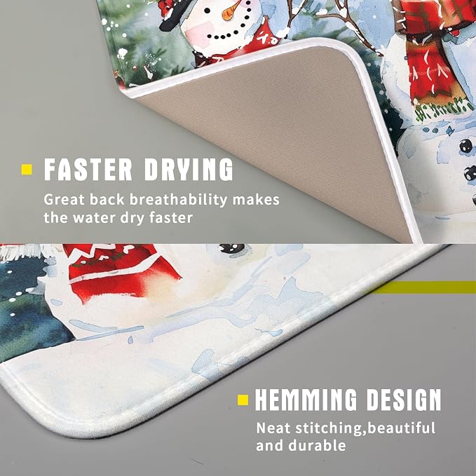 Winter Dish Drying Mat 16 x 18 Inch Xmas Snowman Pattern Dish Drying Pad Absorbent Microfiber Mats for Christmas Dish Rack Pad for Kitchen Counter Coffee Bar Decor