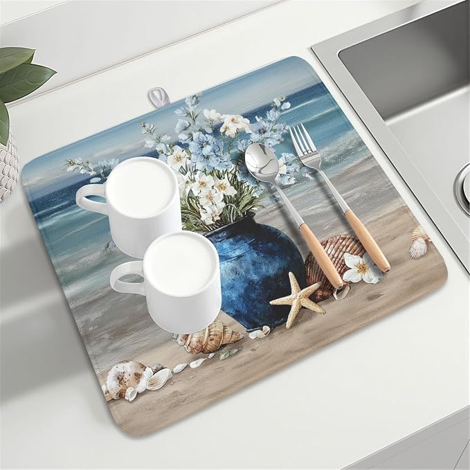 Summer Beach Dish Drying Mat for Kitchen Counter Nautical Coastal Blue Ocean Vase Floral Seashells Microfiber Dish Drainer Mat Absorbent Washable Drying Pad 16"x18"