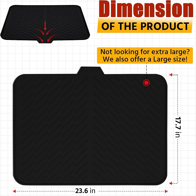 Luxet Silicone Dish Drying Mat with Built-in Drain Lip - Hygienic Drying Pad - Sturdy Compact Easy to Clean Tray Protects Surfaces Prevents Water Build Up - 23 X 17 (Black)