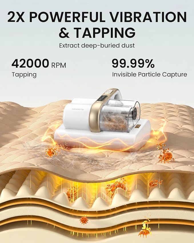 HEAPETS Mattress Vacuum Cleaner, 16Kpa Bed Vacuum with 275nm UV-C Light & 149℉ Heat & Ultrasonic, Dual High-Speed Roller Brushes & H13 HEPA Filter for Pet Hair, Bed, Sofa, Couch, Corded White