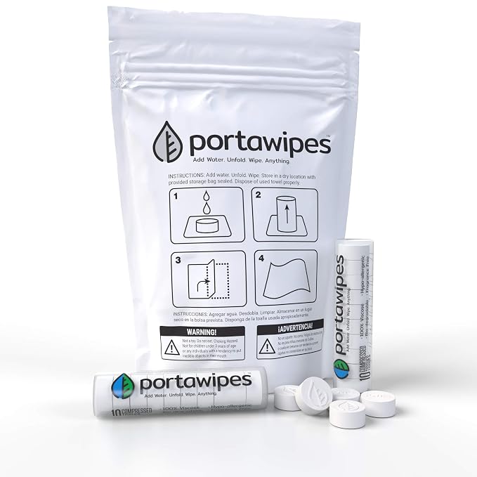 Portawipes Coin Tissues | 100 Pack with 2 Carrying Cases | Toilet Paper Tablets | Compressed Towels | Expandable Wipes | Soft & Odor Free