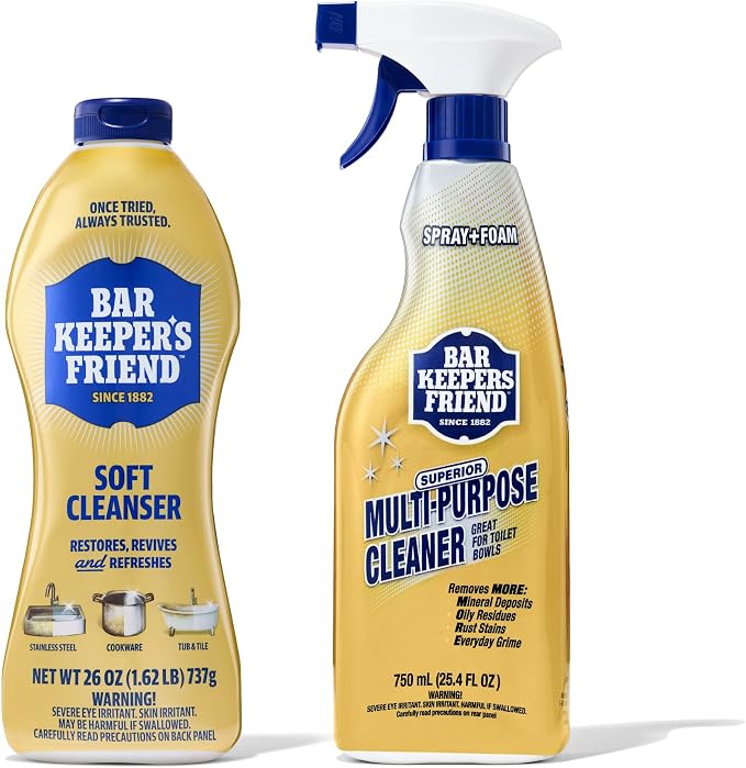 Bar Keepers Friend Soft Cleanser 26 oz + Spray & Foam Multipurpose MORE Spray Cleaner 25.4 oz, Multi Purpose Cleaner Bundle, Removes Grease, Rust Stains, Soap Scum & More in Home & Outdoors