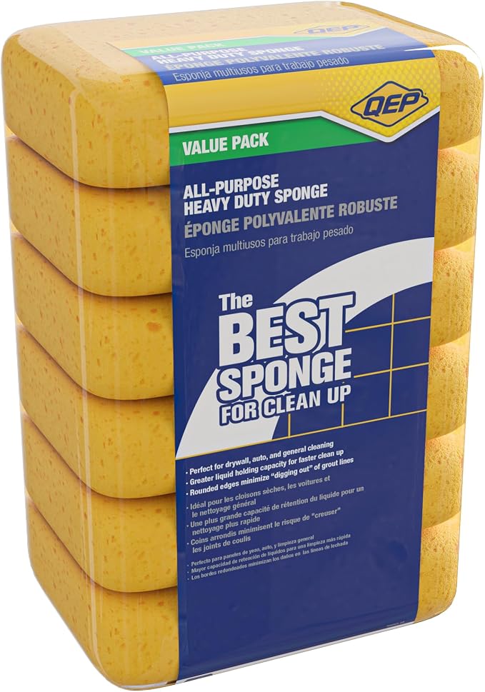QEP 70005Q-6D 7.5 Inch x 5.5 Inch x 1.875 Inch Grouting, Cleaning and Washing Sponge, X-Large, 6-Pack, 6 Pack, Yellow, 6 Count