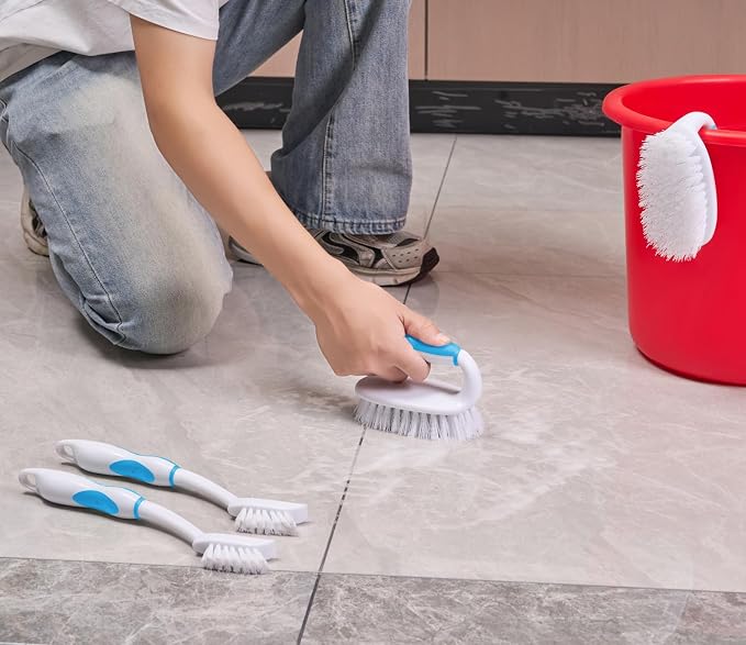 Scrub Brush Set, 4 Pack Deep Cleaning Brush Kit, Blue | 2 Scrub Brush, 2 Tile & Grout Brush with Built-in Scraper, Household Commercial Scrubber for Floor, Shower, Pool Wall, Tub