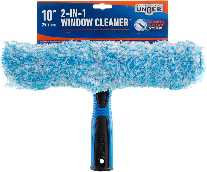 Unger Professional Connect and Clean 2-in-1 Squeegee and Scrubber, 10” Window Cleaning Tool, Commercial and Residential Use, Washer Cleaner Supplies to Remove Excess Water and Dry