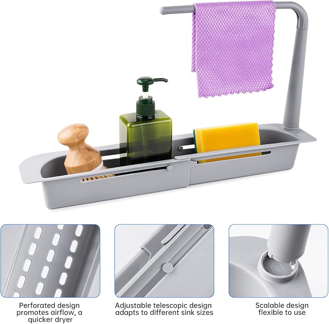 NiHome Telescopic Kitchen Over Sink Organizer with Towel Hanger, Expandable Slim Drain Basket Multifunctional Caddy Adjustable Length Colander Rack Sponge Holder Storage Tray for Home Bathroom (Grey)