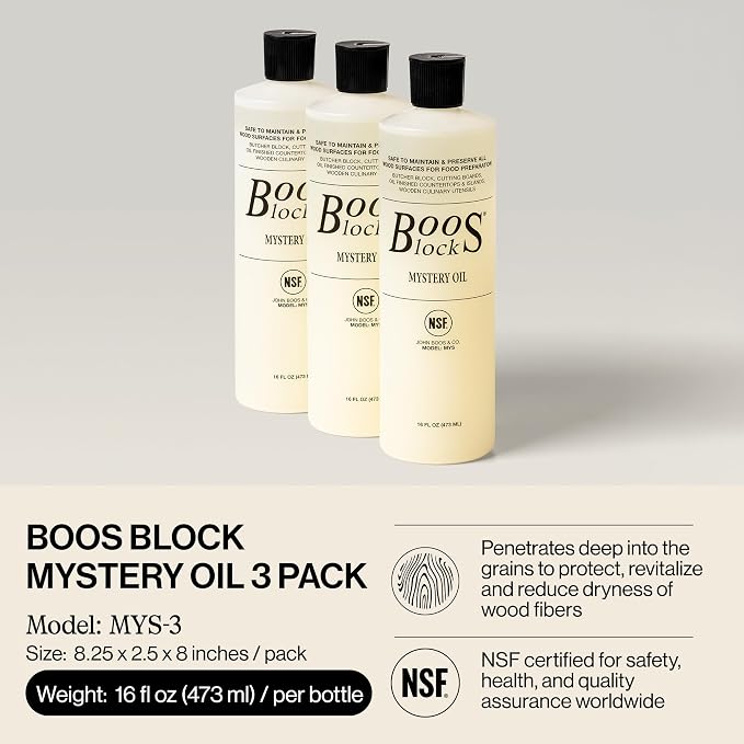 John Boos 3-Pack Mystery Oil, Food-Grade Care Set, 16 oz - All-Natural Maintenance Formula for Butcher Blocks, Cutting Boards, Wooden Countertops & Wood Culinary Utensils