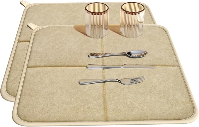 YDKGL 2 Pack PU Leather Dish Drying Mat for Kitchen Counter, Ultra Absorbent & Fast Drying Dish Mat Machine Washable Foldable Drying Pad for Countertops, Sinks, Draining Racks