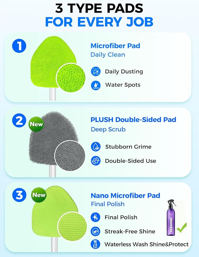 XINDELL Interior Windshield Cleaner Tool – Car Interior Window Cleaning Kit with Extendable Handle & 4 Microfiber Pads, Auto Wiper Inside Compact Windshield Brush for Car & Home Windows