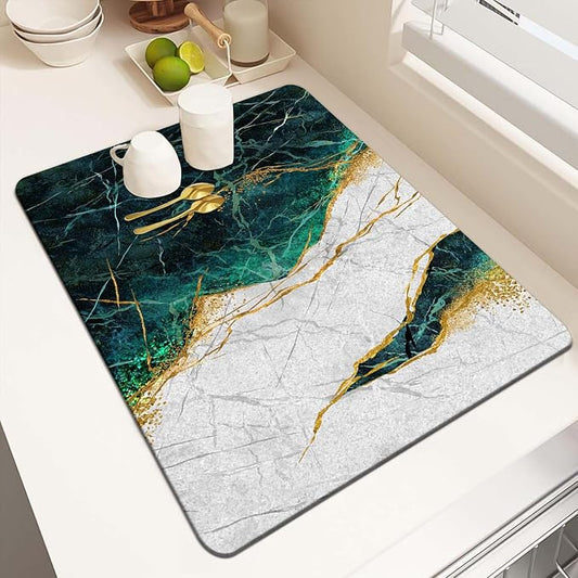 MCALK Marble Green Dish Drying Mat for Kitchen Counter, Marble Texture Dish Drying Pad with Anti-Slip Rubber Base, Absorbent Kitchen Sink Mat with Modern Art Decor (1 pc 18" x 16")
