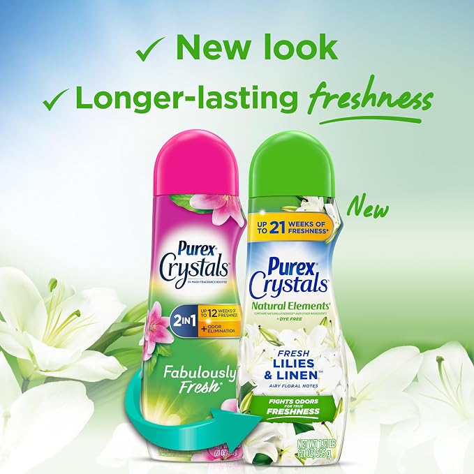 Purex Crystals In-Wash Scent Booster, Natural Elements, Fresh Lilies & Linen, 21 oz (Pack of 4), Long-Lasting Freshness & Odor Elimination Technology