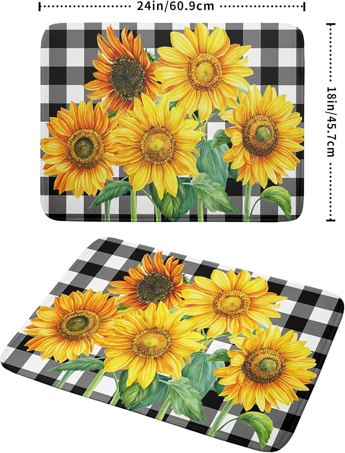 Sunflower Dish Drying Mat for Kitchen Counter Watercolor Black White Plaid Microfiber Absorbent Dish Draining Reusable Washable Foldable Extra Large 18"x24"