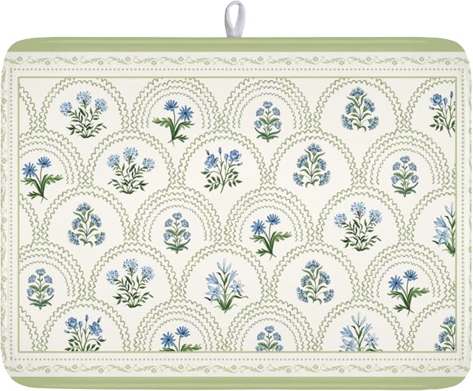 Blue Floral Print Green Stripe Dish Drying Mat 18x24 Inch | Rustic，Polyester，Absorbent Microfiber，for Kitchen Coffee Dining Bar Decor